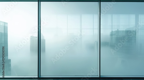 Foggy View Through Large Windows of Modern Corporate Building with Cityscape and Clouds in Background  Creating an Atmosphere of Serenity and Mystery