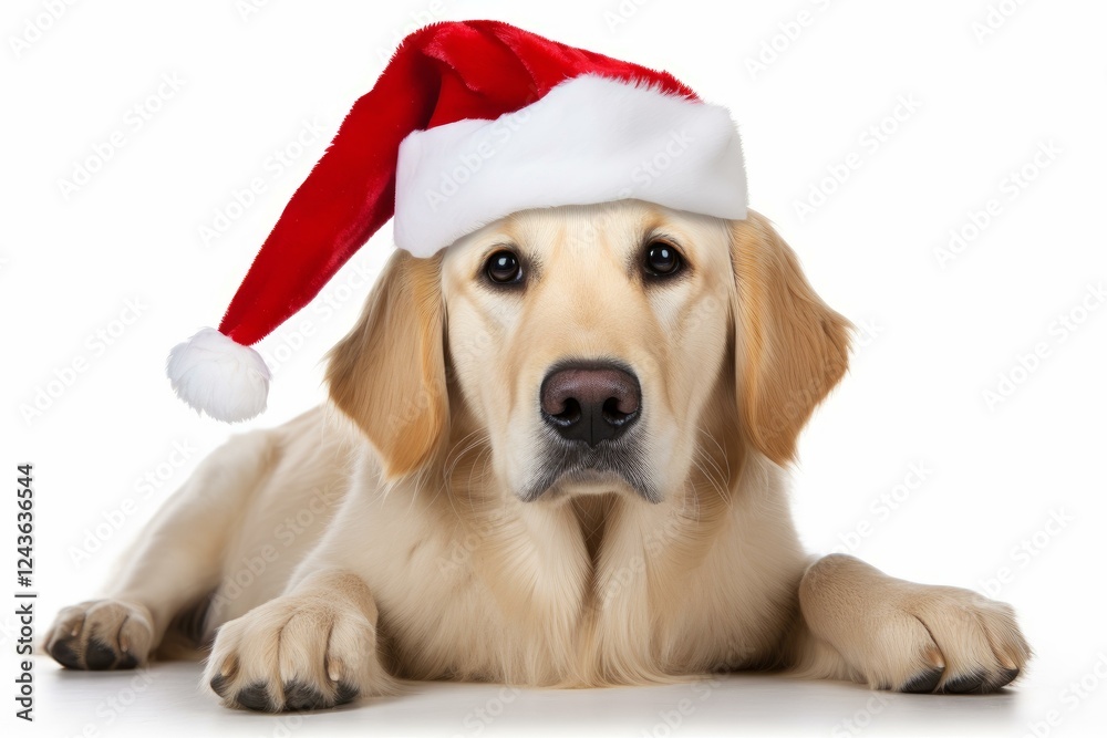 Golden retriever dog wearing christmas santa hat lying down on white background and looking forward