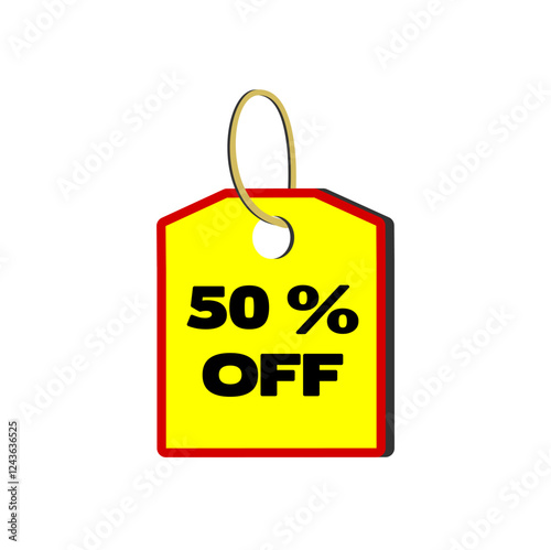 50% off yellow tag with red border, beige cord and white background