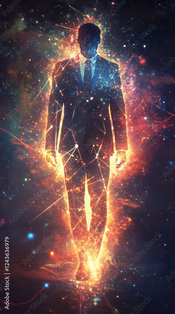 Mystical silhouette of a man surrounded by vibrant cosmic energy in a dark setting Mystical silhouette of a man surrounded by vibrant cosmic energy in a dark setting
