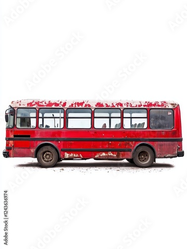 Rusty Red Coach Bus Isolated - A weathered red coach bus, symbolic of travel, aging, transportation, journeys, and nostalgia, stands alone against a white backdrop.