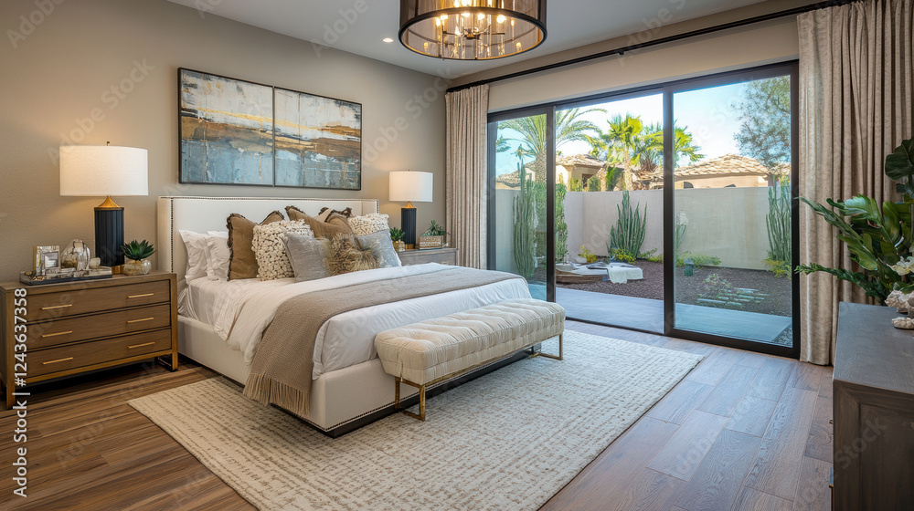 Modern bedroom with large windows, wooden floor, and elegant decor Modern bedroom with large windows, wooden floor, and elegant decor