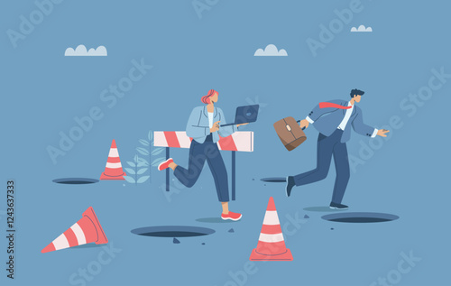 The traps business of organization or company, Avoiding obstacles, Business team running through pits and barriers to business success, Organization skills and capabilities to achieve victory.