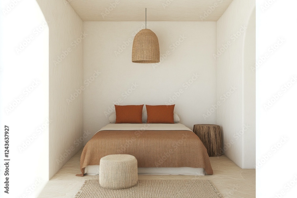 Fototapeta premium Minimalistic bedroom design with warm earth tones, featuring a stylish bed, textured throw pillows, and natural decor elements for a cozy ambiance