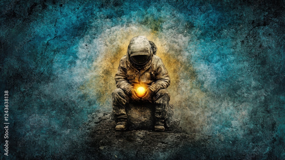 Fototapeta premium Astronaut discovering light in cosmic landscape space digital art surreal atmosphere close-up exploration and discovery