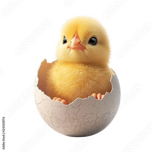 Cute Yellow Chick Emerging from Broken Egg Shell Isolated on transparent background