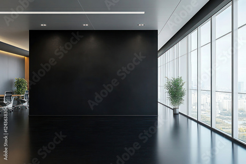 Modern office interior with a minimalist pure black wall for company logo placement.