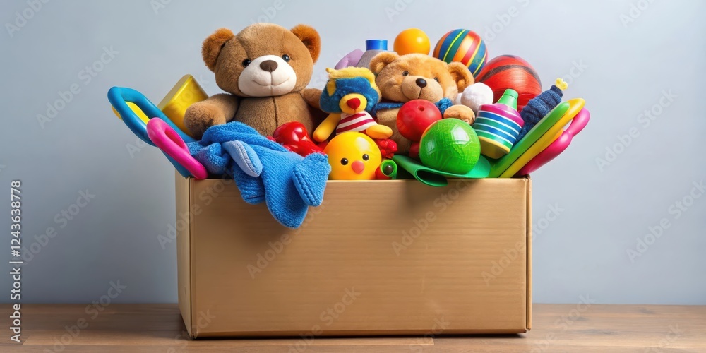 Obraz premium Colorful charity donation box overflowing with an abundance of toys , fundraising, toy, fundraising, toy