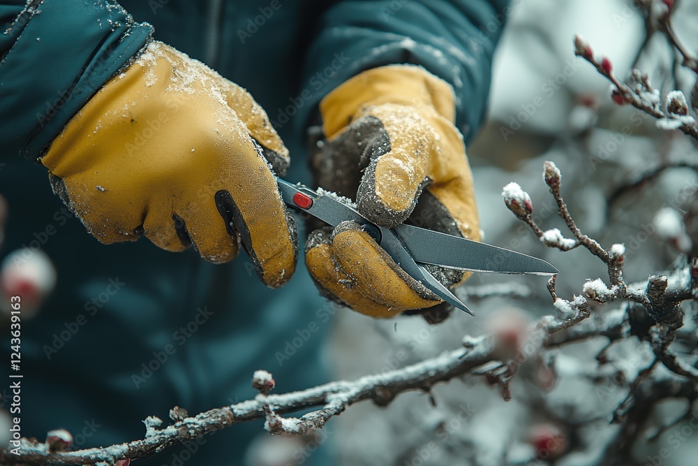 Man trimming tree branches with pruning shears in winter landscape Man trimming tree branches with pruning shears in winter landscape