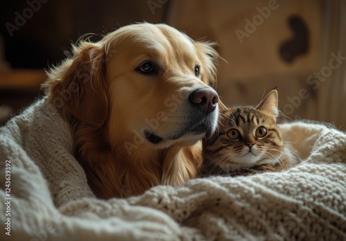 Wallpaper Mural Golden retriever and tabby cat relaxing together on a cozy blanket in a warm, softly lit room, showcasing friendship and comfort in pet companionship Torontodigital.ca