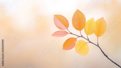 A delicate branch with vibrant autumn leaves against a soft, blurred background of warm colors
