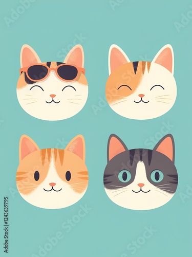 Wallpaper Mural A minimalist portrait of a white cat with light orange ears and a small orange stripe on its head. The cat has bright blue eyes and a simple, smiling mouth. The background is a solid teal color. Torontodigital.ca