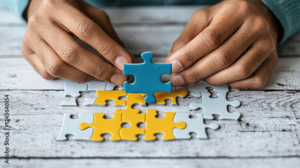 Hands doing tasks, Hands placing a blue puzzle piece onto a colorful arrangement on a wooden surface. Hands doing tasks, Hands placing a blue puzzle piece onto a colorful arrangement on a wooden surface.