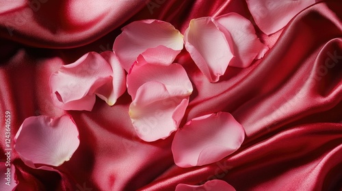 A close-up of pink rose petals scattered on a silky red fabric, emphasizing the softness and sensual beauty of delicate floral textures
