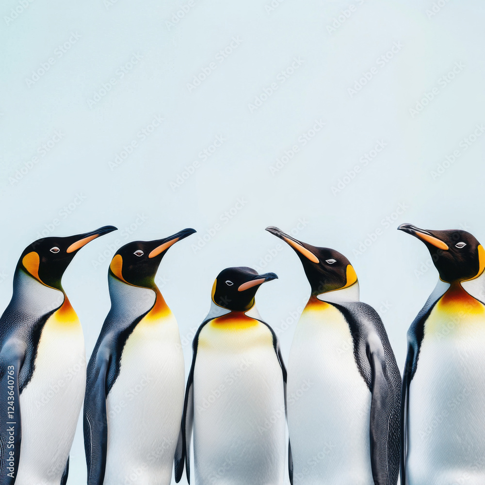 Fototapeta premium group of penguins standing together, showcasing their unique features and colors. Their posture suggests sense of unity and communication among them