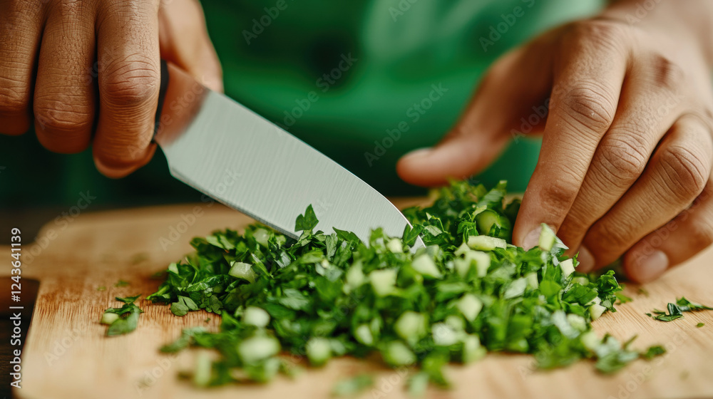 Hands doing tasks, Chopping fresh herbs on a wooden cutting board with a knife in a kitchen setting. Hands doing tasks, Chopping fresh herbs on a wooden cutting board with a knife in a kitchen setting.