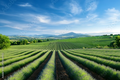 Wallpaper Mural Serene Lavender Fields and Vineyard Landscape - Rolling hills of vibrant green vineyards and neatly arranged lavender rows under a bright blue sky. A picturesque countryside scene. Torontodigital.ca