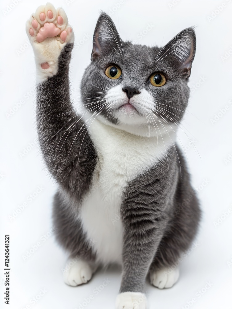 Obraz premium Gray and White Cat with Upraised Paw Looking Curious, Playful, and Engaging on a Clean White Background in a Studio Setting