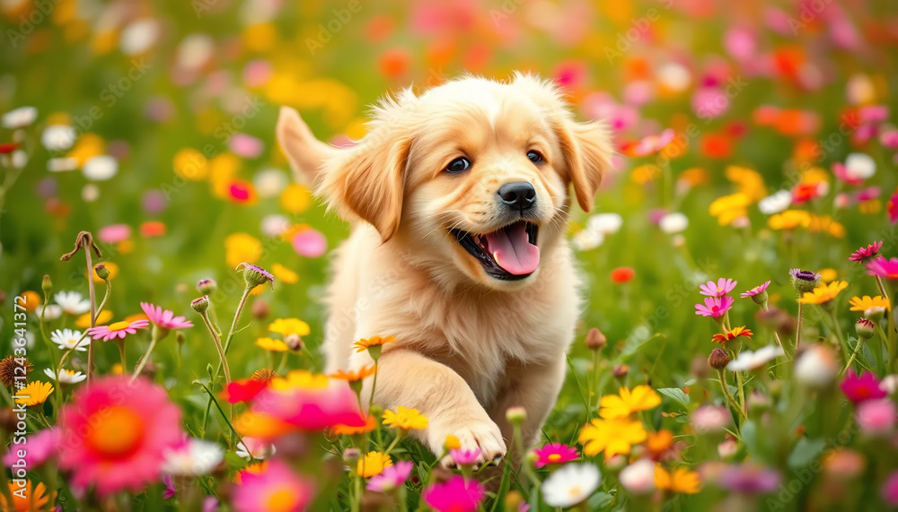 Golden Retriever Puppy Playing in a Flower Field Golden Retriever Puppy Playing in a Flower Field