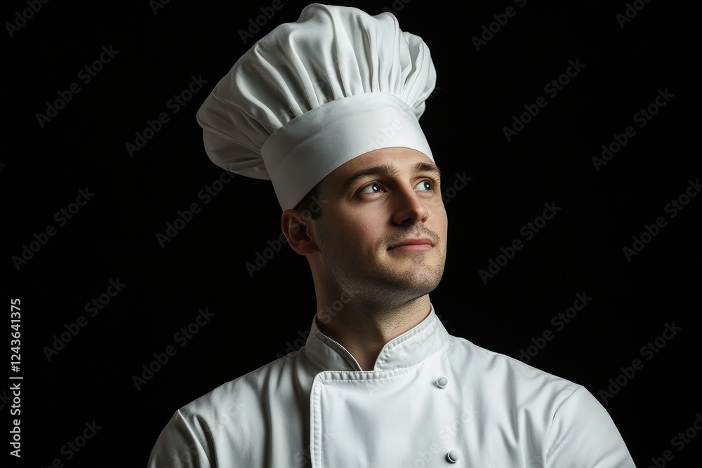 Chef in white uniform and tall hat poses thoughtfully against a dark background Chef in white uniform and tall hat poses thoughtfully against a dark background