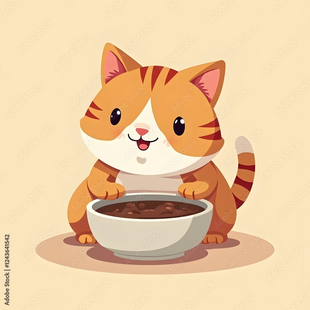 Satisfied Orange Tabby Cat Sitting By White Bowl Against Light Background Satisfied Orange Tabby Cat Sitting By White Bowl Against Light Background
