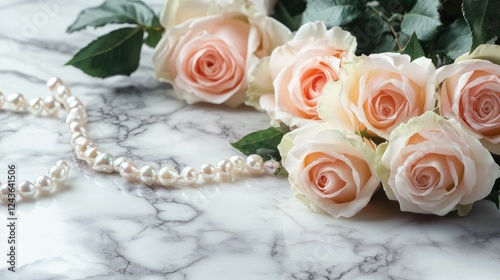 A luxurious combination of roses and pearls elegantly displayed on a marble surface, creating a sophisticated and timeless floral composition
