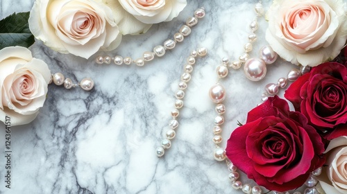 A luxurious combination of roses and pearls elegantly displayed on a marble surface, creating a sophisticated and timeless floral composition