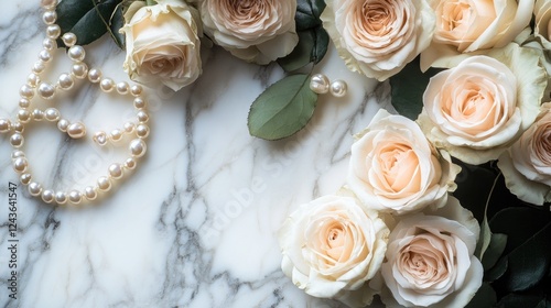 A luxurious combination of roses and pearls elegantly displayed on a marble surface, creating a sophisticated and timeless floral composition