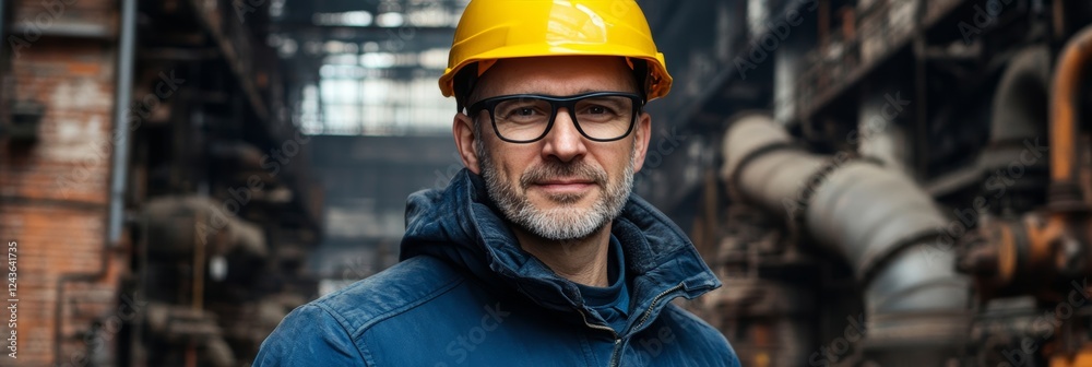 Portrait of a Confident Engineer in Hard Hat and Safety Glasses, Industrial Factory Setting Portrait of a Confident Engineer in Hard Hat and Safety Glasses, Industrial Factory Setting