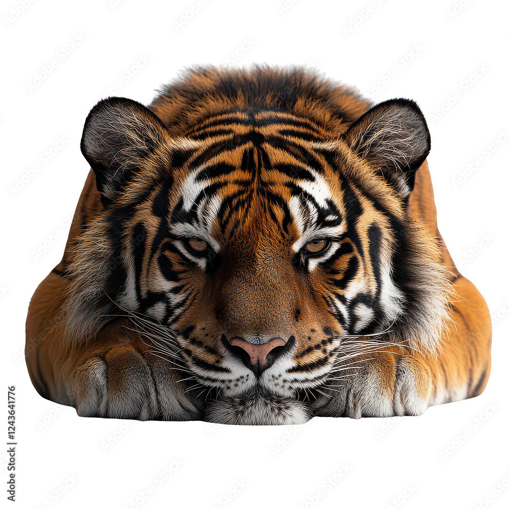 Fototapeta premium tiger lying down looking at the camera isolated on transparent background