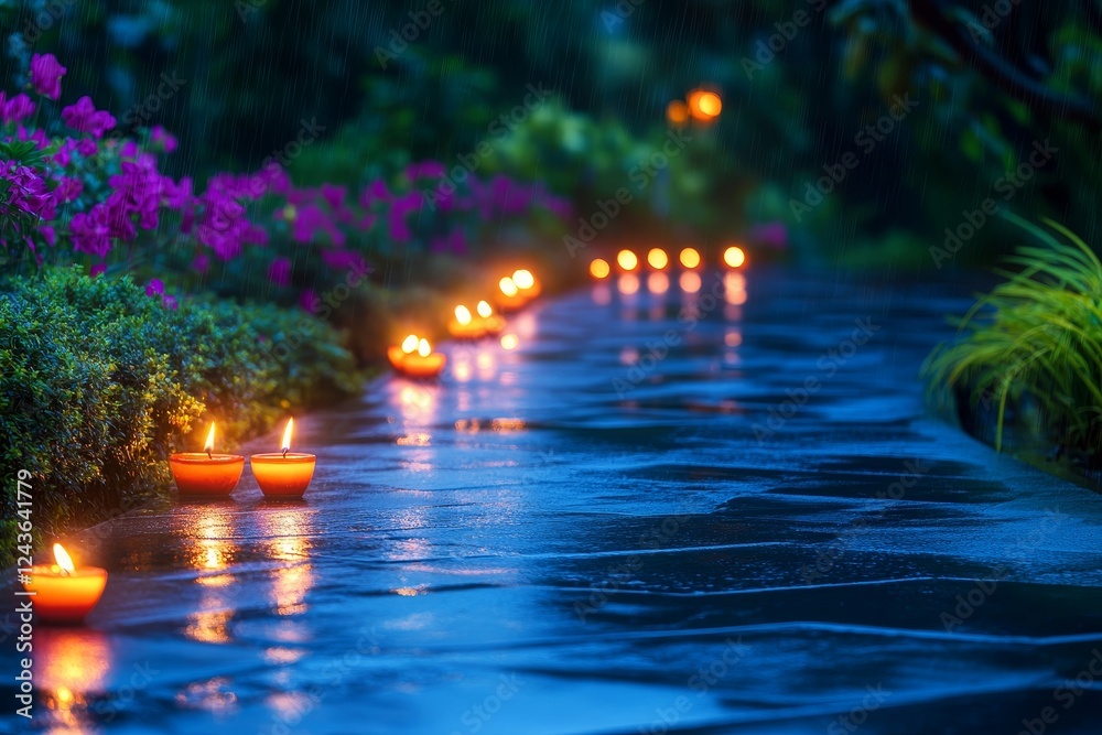 Fototapeta premium Serene Night Garden Path - Candles illuminate a wet stone path winding through a lush garden at night. Tranquil and peaceful atmosphere.
