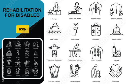 Rehabilitation for disabled  icons set: magnetic therapy, laser, massage, lymphatic drainage, exoskeleton, cryotherapy, physiotherapy, biomechatronics, suspension system. Vector illustration.