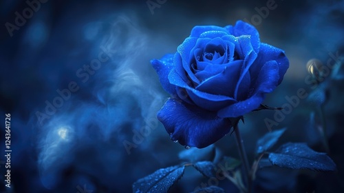 A majestic royal blue rose with a velvety texture, surrounded by mist and glowing softly in an enchanting moonlit garden scene