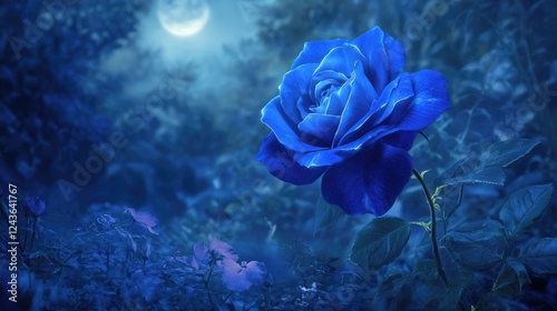 A majestic royal blue rose with a velvety texture, surrounded by mist and glowing softly in an enchanting moonlit garden scene