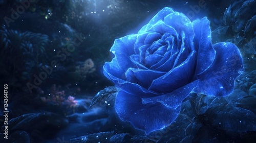 A majestic royal blue rose with a velvety texture, surrounded by mist and glowing softly in an enchanting moonlit garden scene