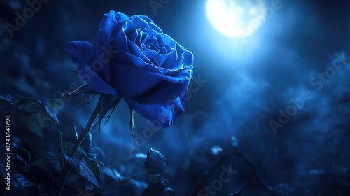 A majestic royal blue rose with a velvety texture, surrounded by mist and glowing softly in an enchanting moonlit garden scene