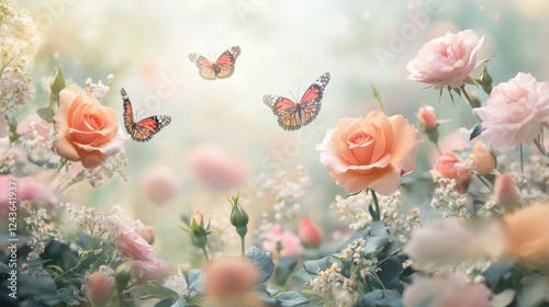 Wallpaper Mural A pastel-colored rose garden in full bloom, with butterflies gently fluttering around, evoking a sense of serenity and natural beauty Torontodigital.ca