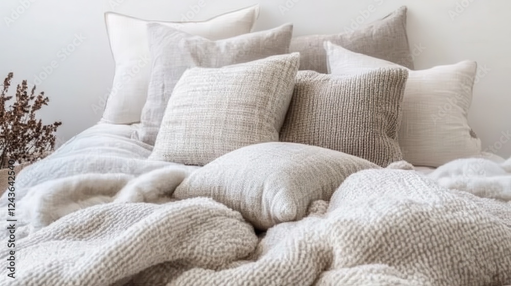 Cozy Scandinavian-inspired bedroom featuring a plush bed adorned with soft, textured pillows and blankets for a serene atmosphere Cozy Scandinavian-inspired bedroom featuring a plush bed adorned with soft, textured pillows and blankets for a serene atmosphere