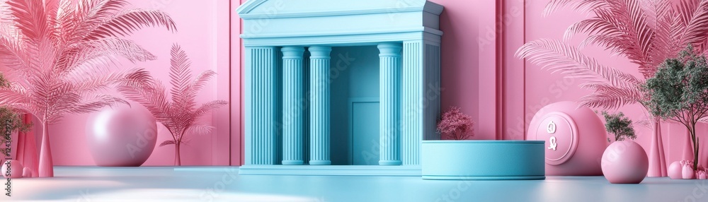 Obraz premium A colorful, modern interior scene featuring a blue structure with columns, pink walls, and decorative plants, creating a vibrant artistic atmosphere.