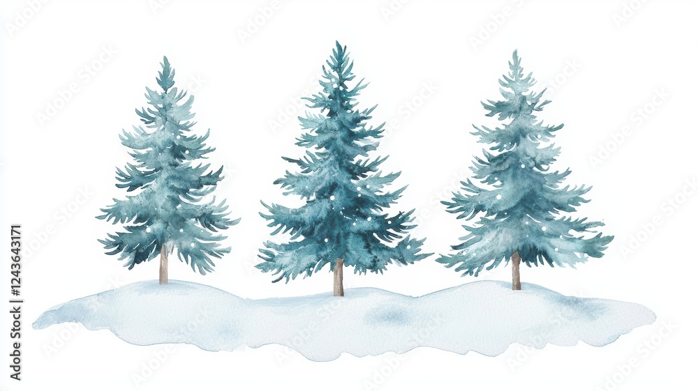 Obraz premium Whimsical Evergreen Trees Covered in Snow with Watercolor Effect