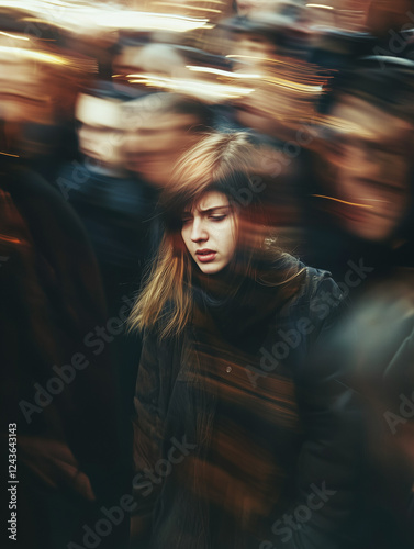 Crowd moving rapidly in a busy urban area with a focused individual in the foreground during twilight hours
