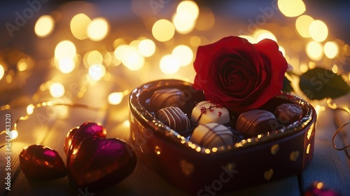 A beautifully arranged Valentine's gift, featuring a heart-shaped box of assorted chocolates, a deep red rose on top, and golden fairy lights glowing softly in the background