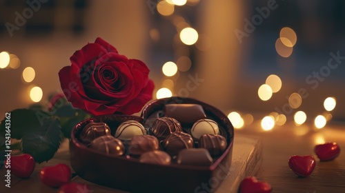 A beautifully arranged Valentine's gift, featuring a heart-shaped box of assorted chocolates, a deep red rose on top, and golden fairy lights glowing softly in the background