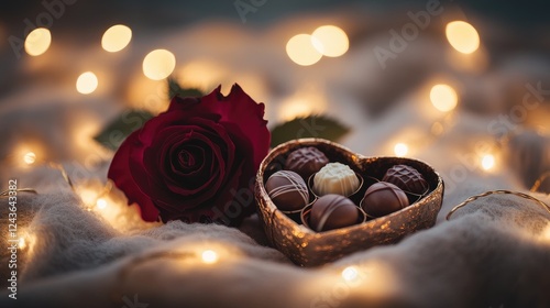 A beautifully arranged Valentine's gift, featuring a heart-shaped box of assorted chocolates, a deep red rose on top, and golden fairy lights glowing softly in the background