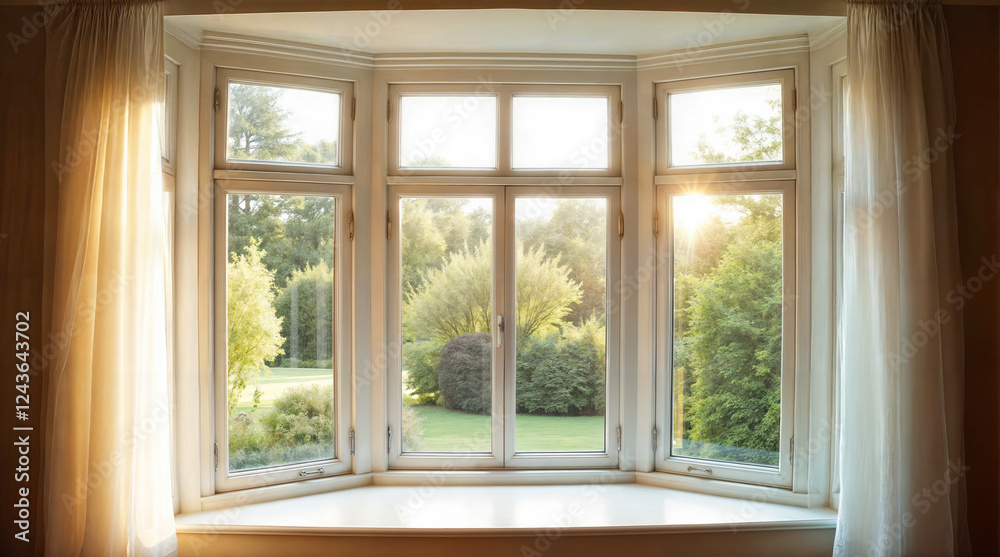 Sunlit Bay Window with Sheer Drapes. Serene Garden View. Peaceful Home Interior. Natural Light Streaming In. Sunlit Bay Window with Sheer Drapes. Serene Garden View. Peaceful Home Interior. Natural Light Streaming In.