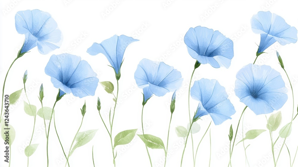 Obraz premium Vibrant Blue Morning Glory Flowers on a White Background with Green Leaves