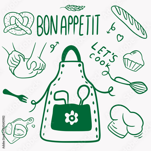 Culinary set in doodle style with an apron, baguette, pretzel, dough, culinary cap, fork, board with bread