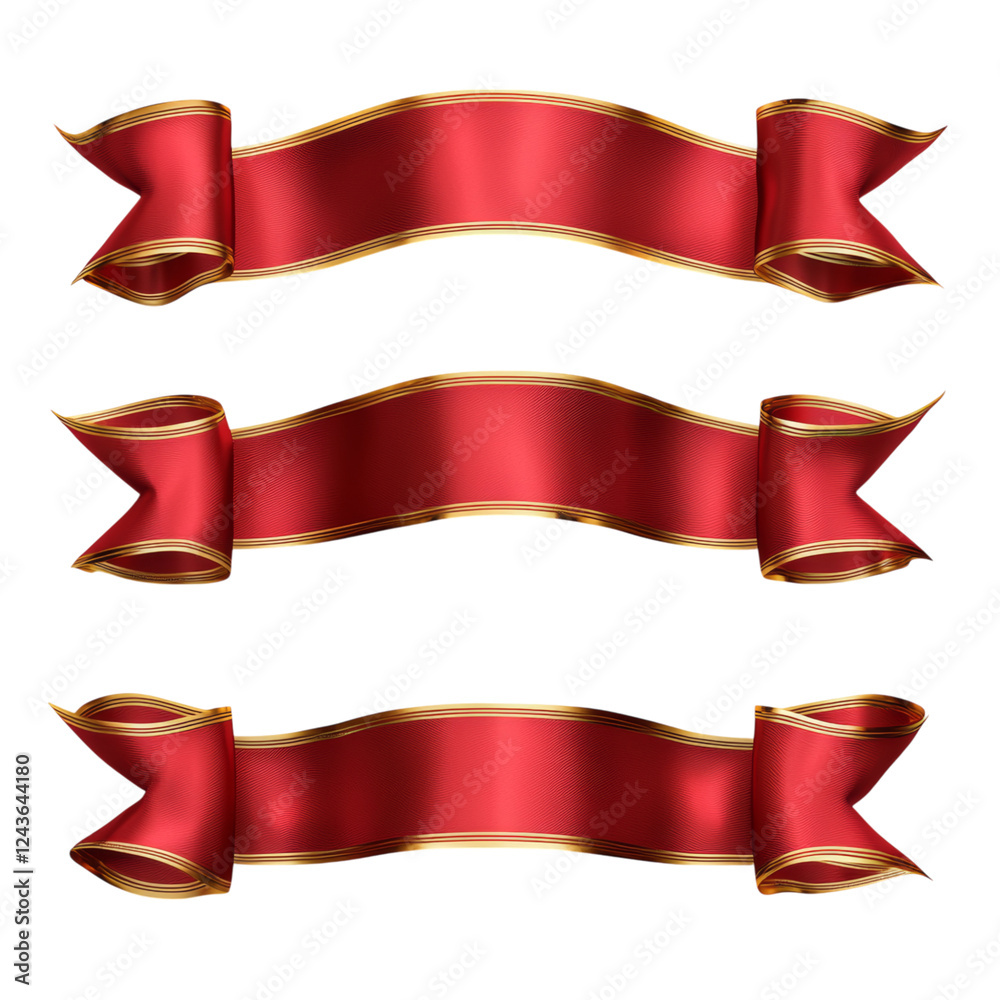 Elegant Red Ribbons with Gold Trim for Decoration Isolated on transparent background Elegant Red Ribbons with Gold Trim for Decoration Isolated on transparent background