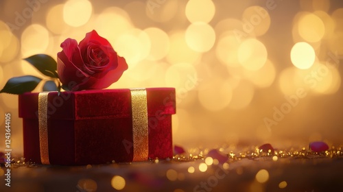 A cinematic Valentine's Day composition featuring a red velvet box, a golden ribbon, and a freshly bloomed red rose, set against a softly blurred golden bokeh