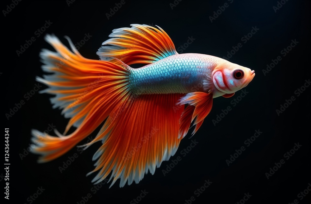 Vibrant orange and blue betta fish with flowing fins swimming gracefully against a dark background, highlighting intricate details and movement Vibrant orange and blue betta fish with flowing fins swimming gracefully against a dark background, highlighting intricate details and movement